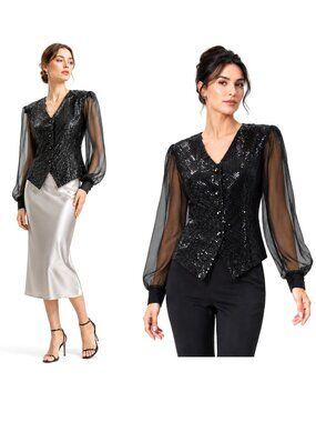 80s Black Sparkle Tuxedo Evening Top Sheer Sleeves Rhinestone Buttons M